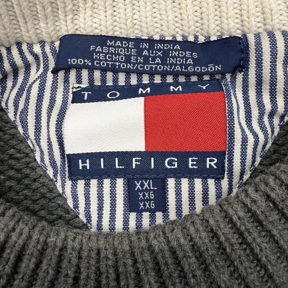 Vintage 90s Tommy Hilfiger Heavy Knit Sweater Mens XXL Gray Spell Out Preppy - Picture 3 of 11